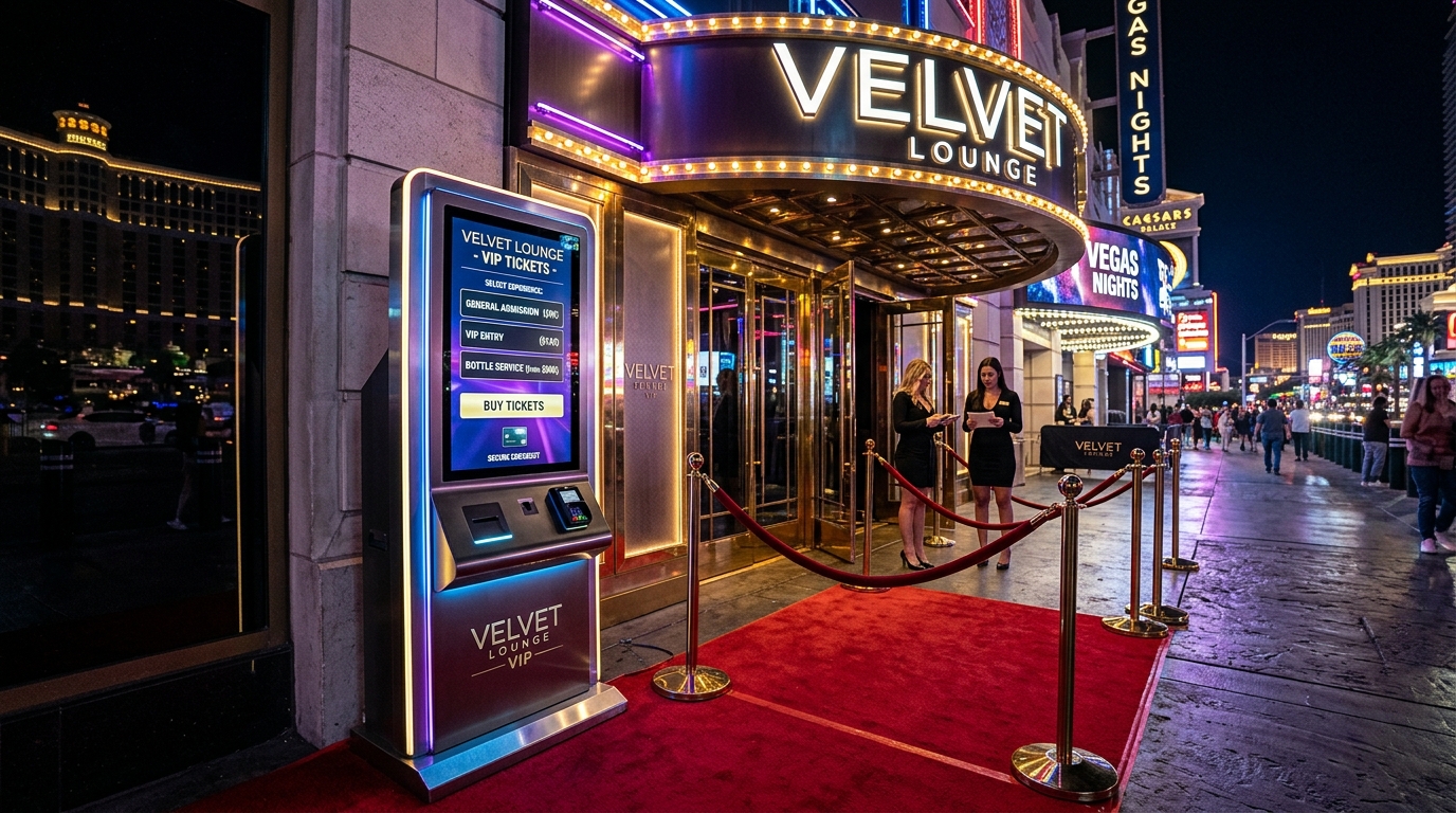 Nightlife Hospitality VIP Kiosk Hardware in Front of Venue Storefront